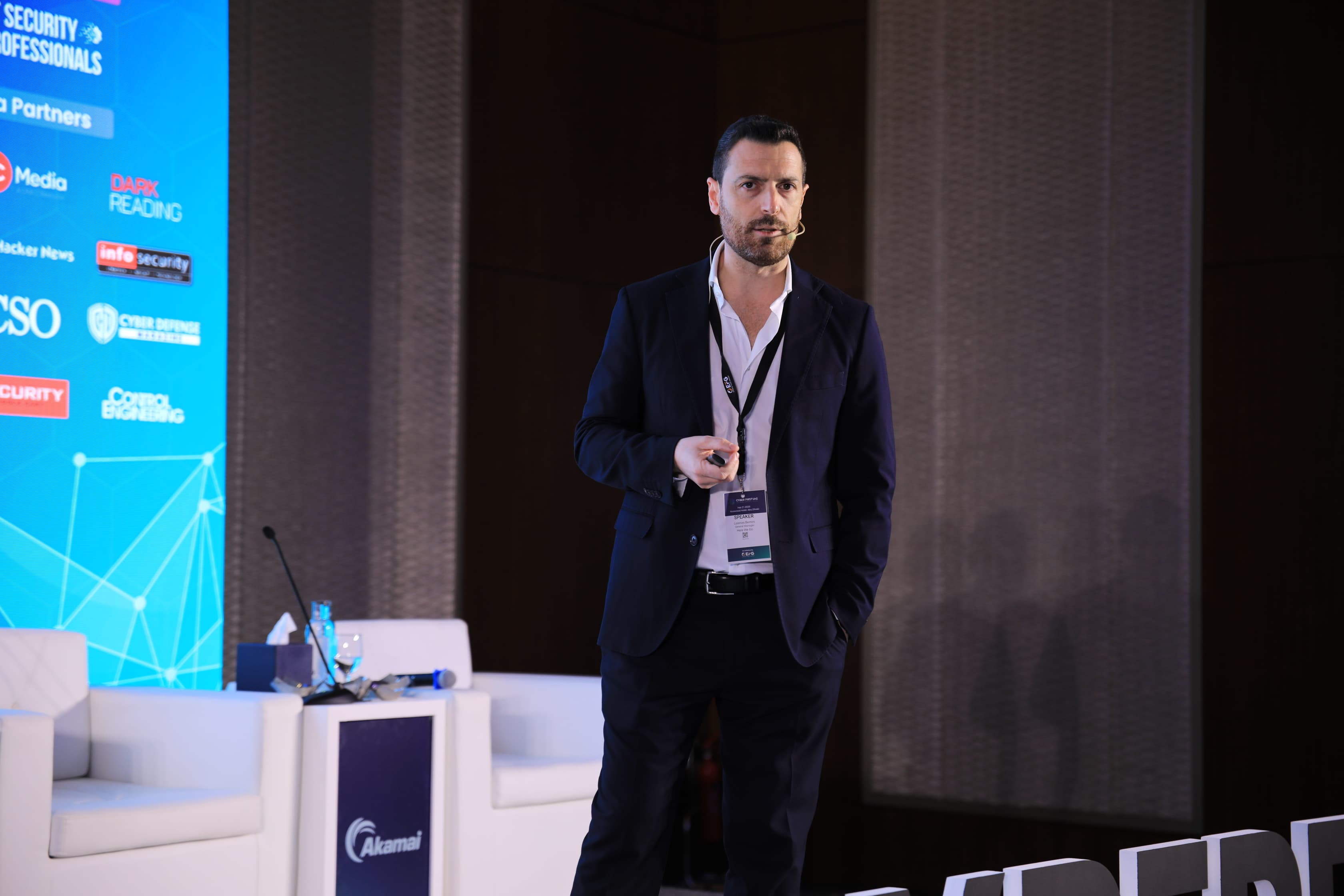 A speaker on stage at the previous Cyber First UAE
