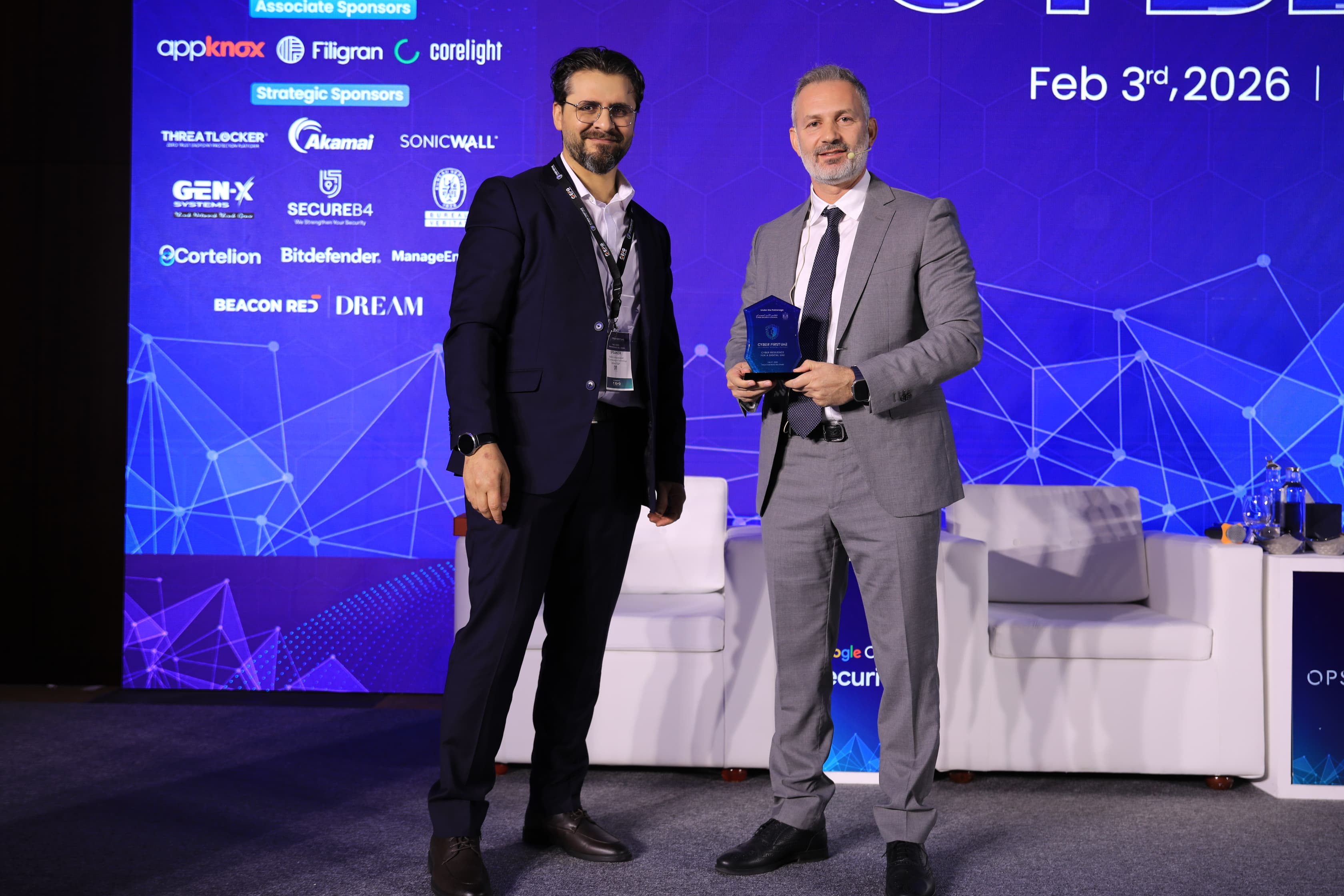 Award presentation on stage at Cyber First UAE