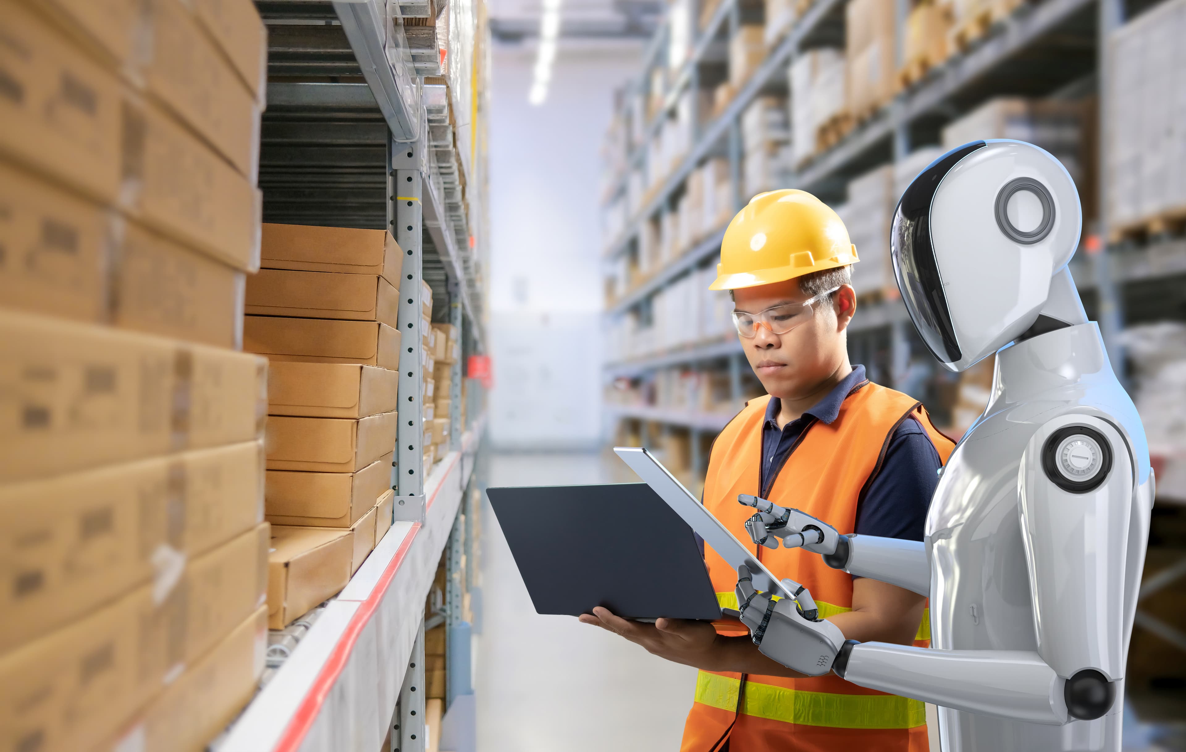 A warehouse worker and a humanoid robot reading the same laptop together
